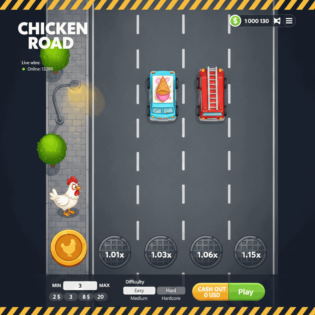 Schermata di gioco Chicken Road di InOut che mostra una gallina bianca che attraversa una strada a più corsie vista dall'alto con moltiplicatori crescenti su ogni corsia, segnaletica stradale, marciapiede con alberi e lampioni, interfaccia di gioco con pulsanti di scommessa e impostazioni di difficoltà